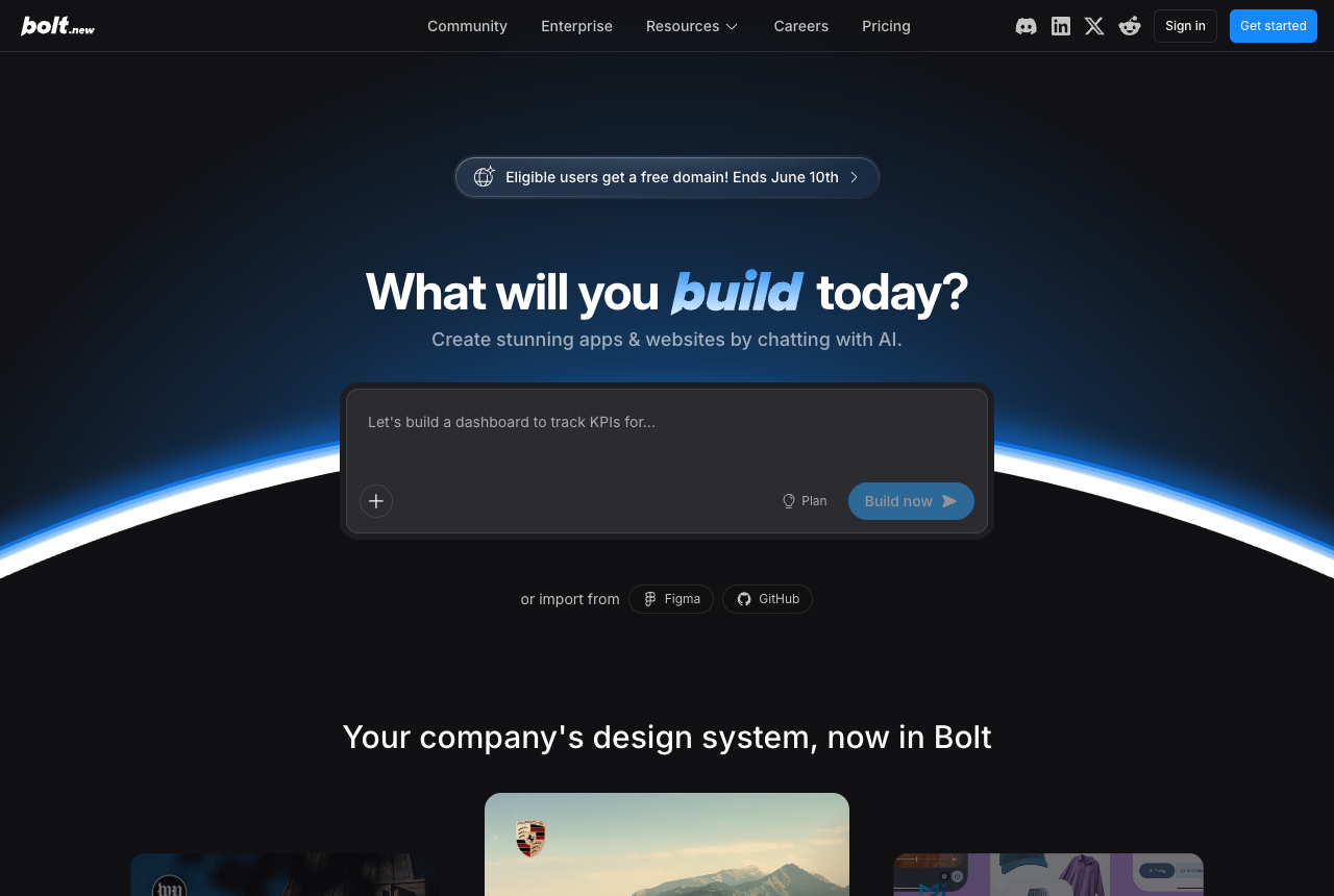 Bolt.new homepage with a dark hero, an arc of light, and a 'What will you build today?' prompt box