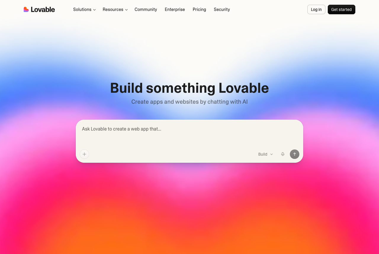 Lovable homepage with a pink and purple gradient hero and a 'Build something Lovable' prompt box