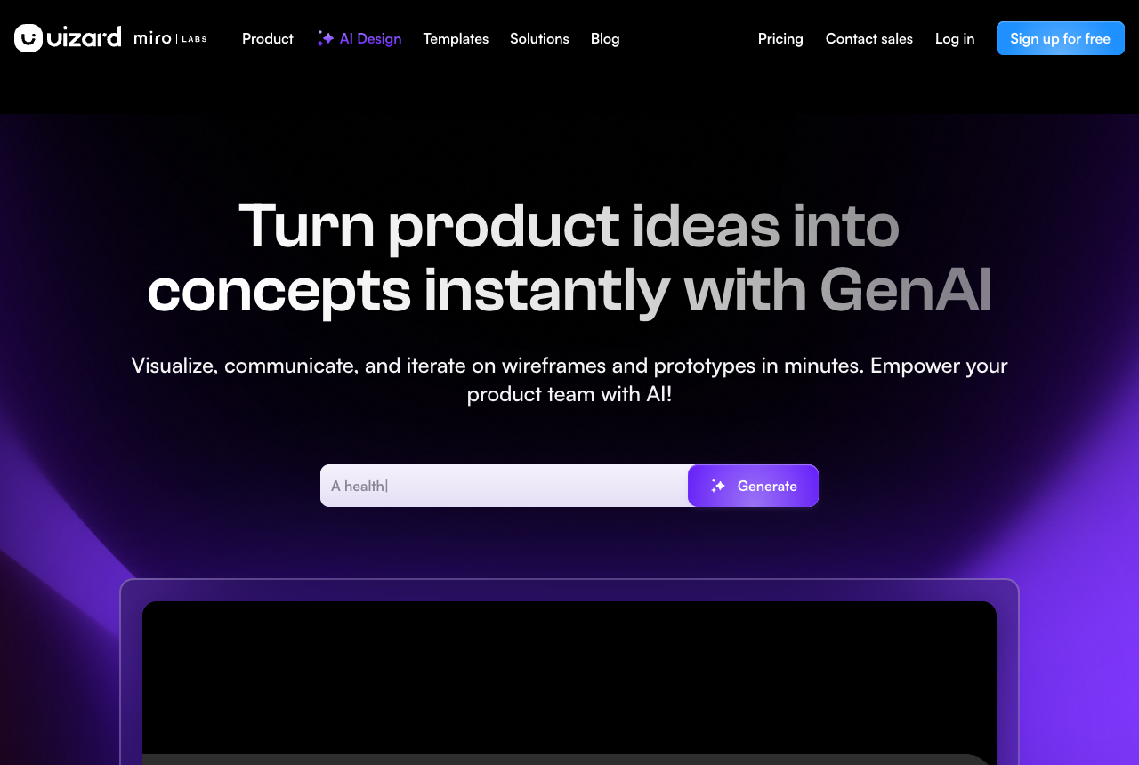 The Uizard homepage with the headline Turn product ideas into concepts instantly with GenAI, describing wireframes and prototypes for product teams