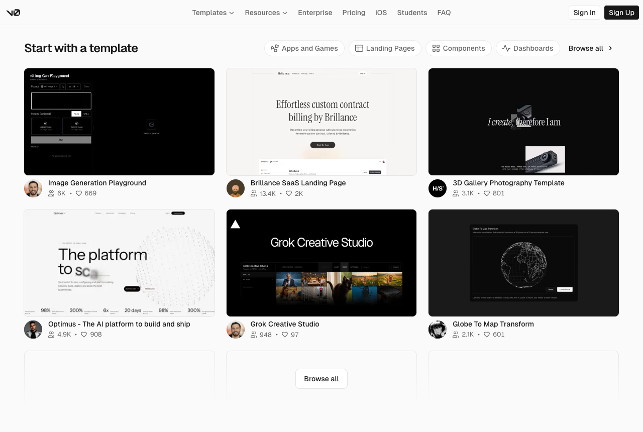 The v0.app template gallery showing community templates like Image Generation Playground, Brillance SaaS Landing Page, Grok Creative Studio, and Globe To Map Transform, each with user and like counts in the thousands